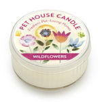 Pet House Candle with floral design and 'Wildflowers' text on a white background