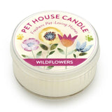 Pet House Candle with floral design and 'Wildflowers' text on a white background