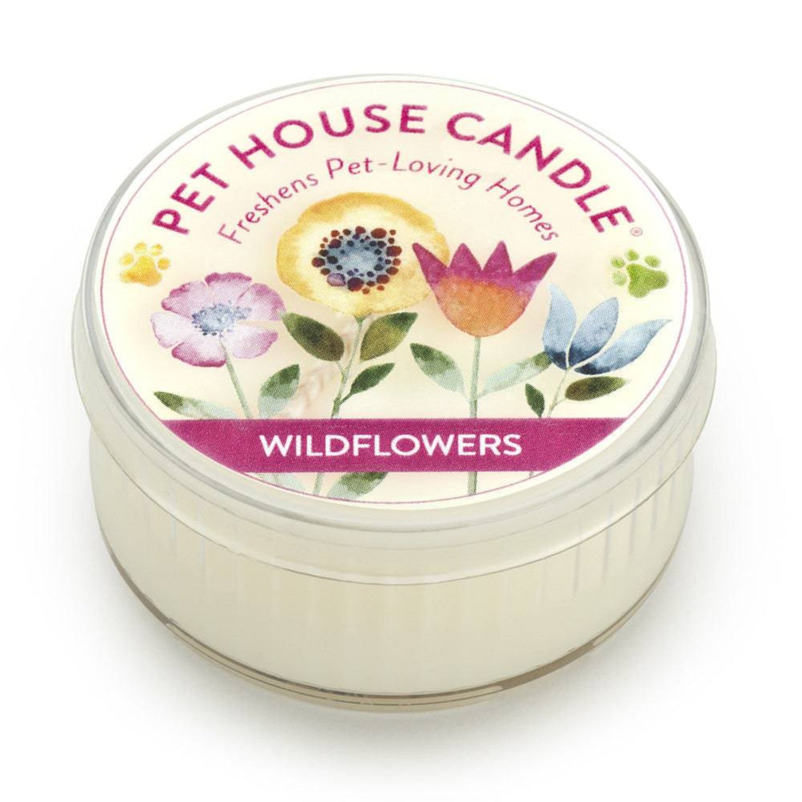 Pet House Candle with floral design and 'Wildflowers' text on a white background