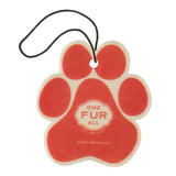 Red paw-shaped air freshener with 'One Fur All' branding on a white background