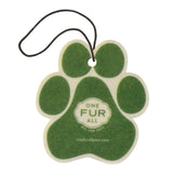 Green paw-shaped car air freshener with 'One Fur All' branding on a white background