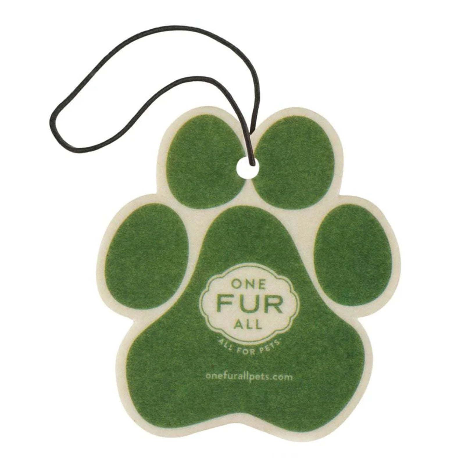 Green paw-shaped car air freshener with 'One Fur All' branding on a white background