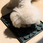 Small white dog lying on a black mat with circular patterns on a beige surface
