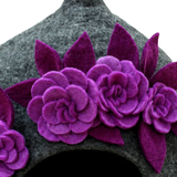 Woollyfelt Handmade Dark Grey Wool Cat Cave with Flower Design