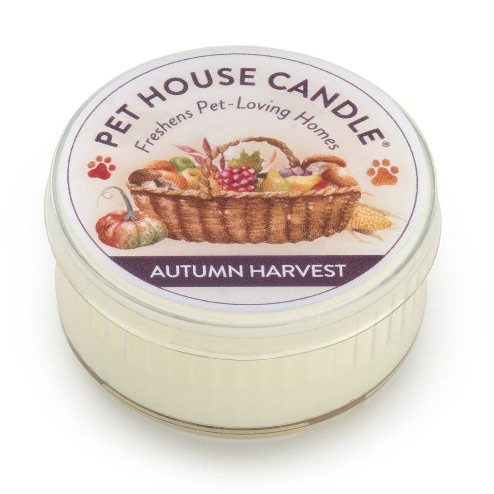 Pet House Candle labeled 'Autumn Harvest' on a white background