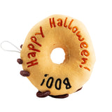 Plush donut toy with 'Happy Halloween! Boo!' text on a white background