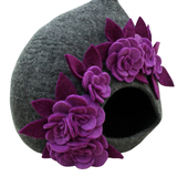 Woollyfelt Handmade Dark Grey Wool Cat Cave with Flower Design