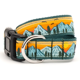 A woven dog collar with a colorful landscape print of mountains, pine trees, and a sunset. The collar features a teal green border, a silver metal D-ring, and a black plastic quick-release buckle.