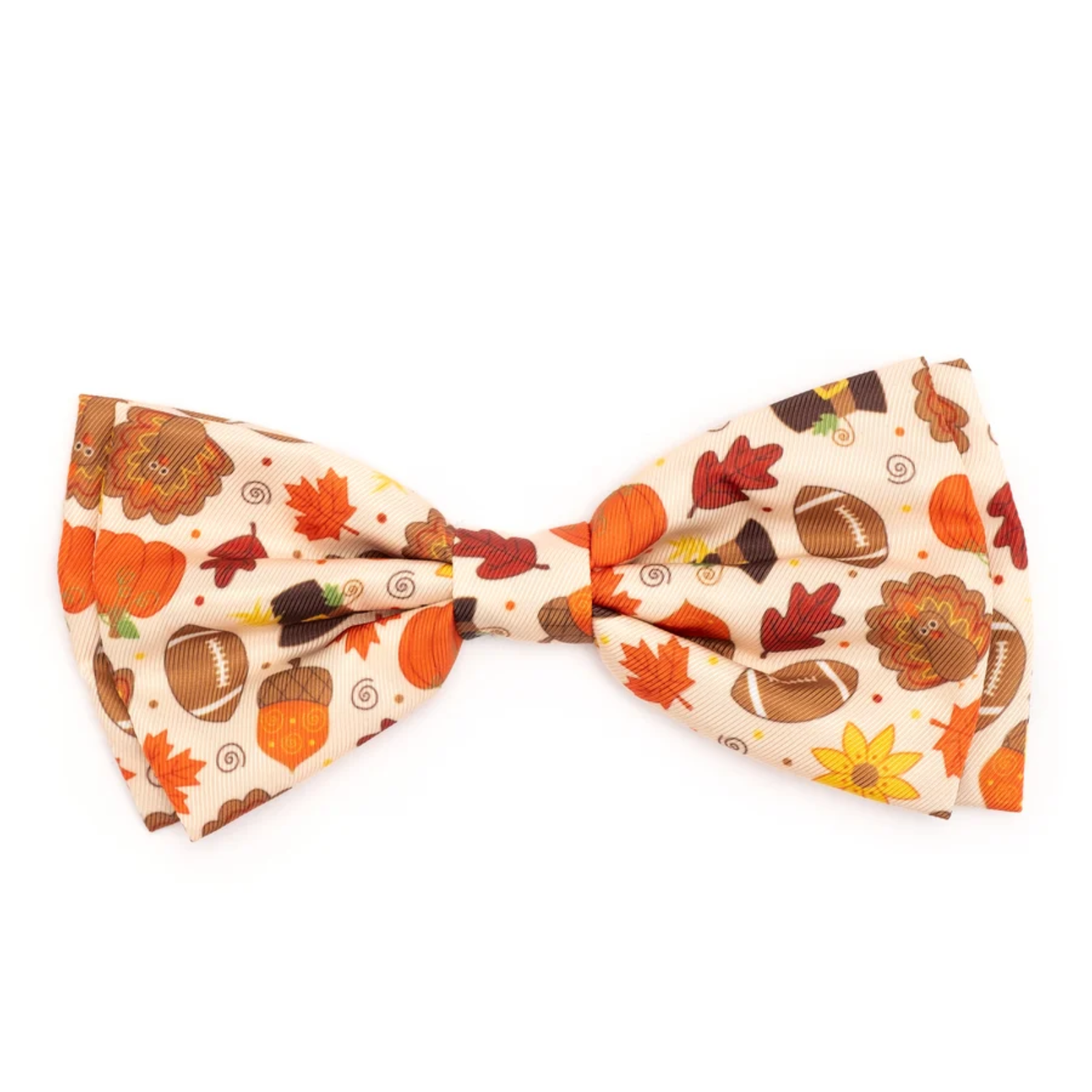 Bow tie with autumn-themed design featuring pumpkins and leaves on a white background