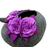 Woollyfelt Handmade Dark Grey Wool Cat Cave with Flower Design