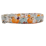 A fabric dog collar with a white background and a colorful autumn pumpkin print, featuring orange and sage green pumpkins with small purple and red flowers. It has a silver metal buckle on the left side.