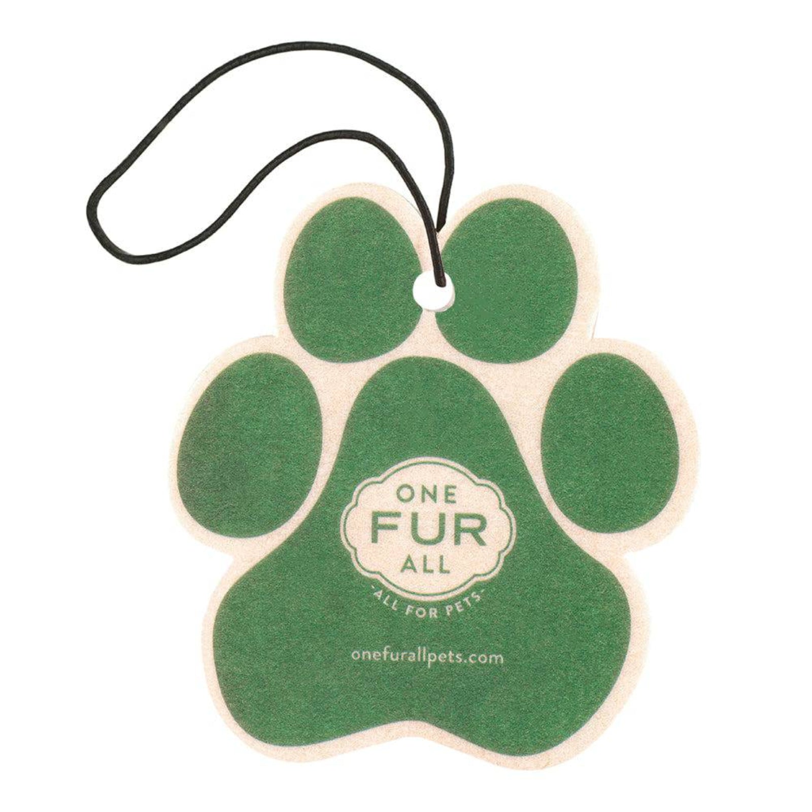 Green paw-shaped car air freshener with 'One Fur All' branding on a white background