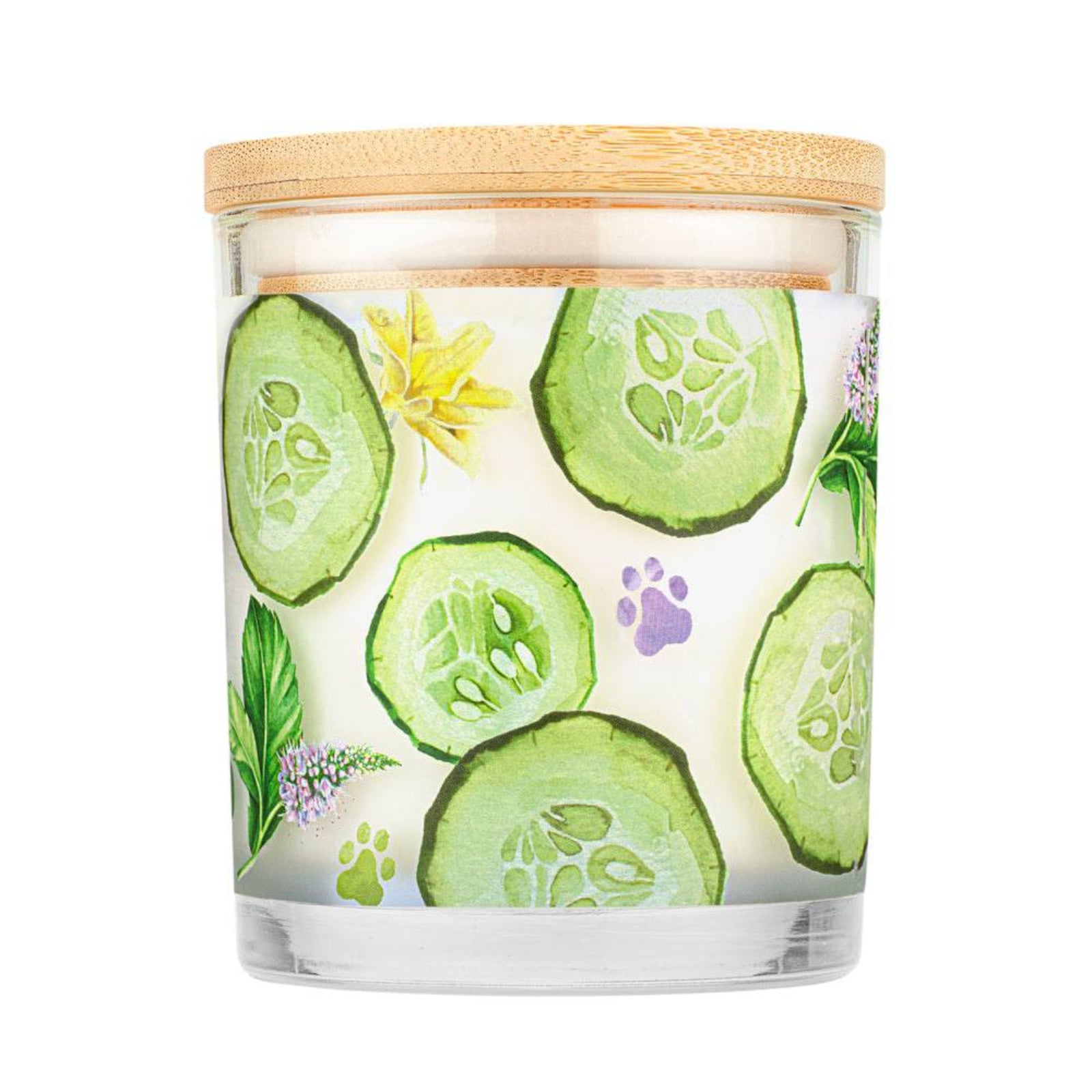 Candle with cucumber slices and floral design on a white background
