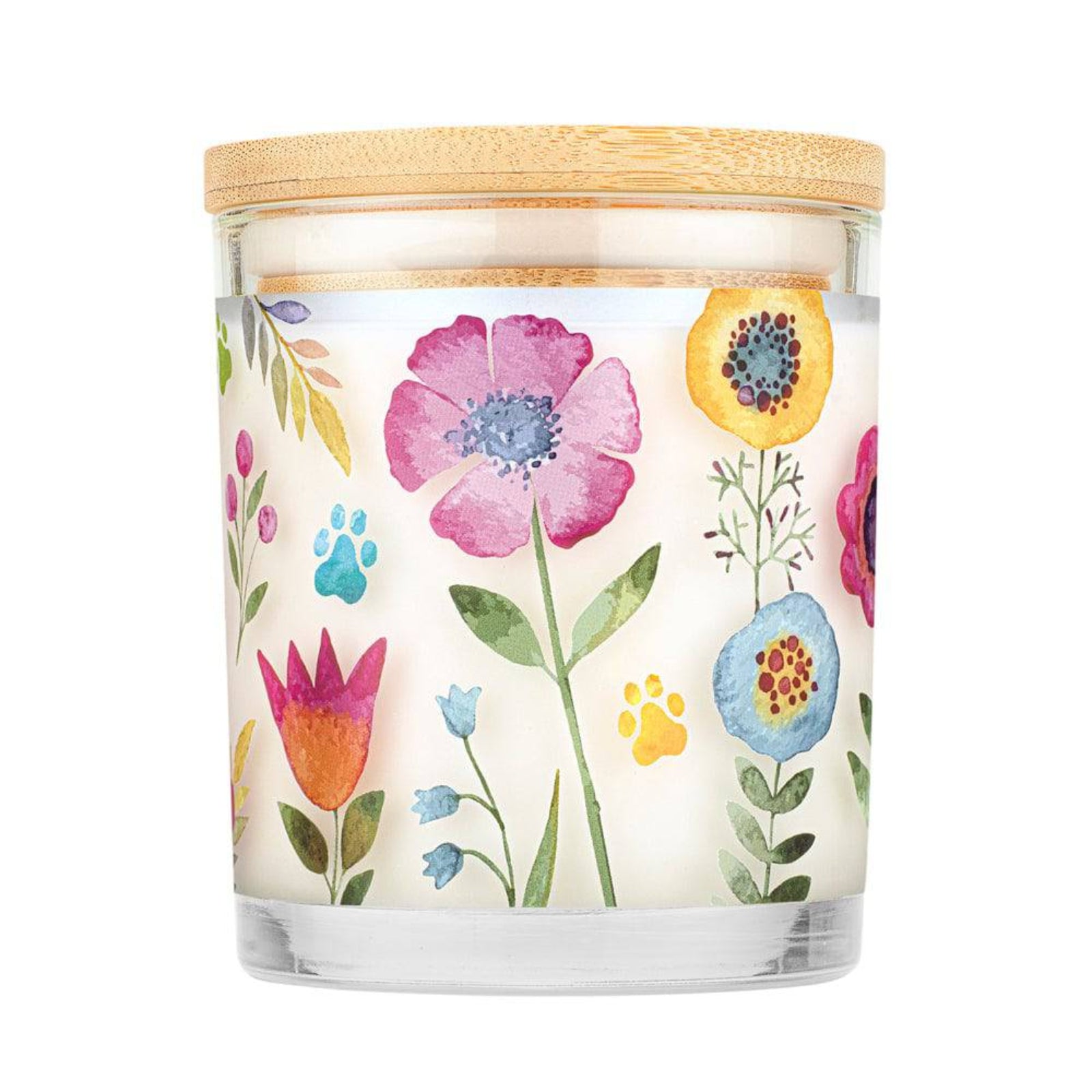 Candle with floral design and wooden lid on a white background