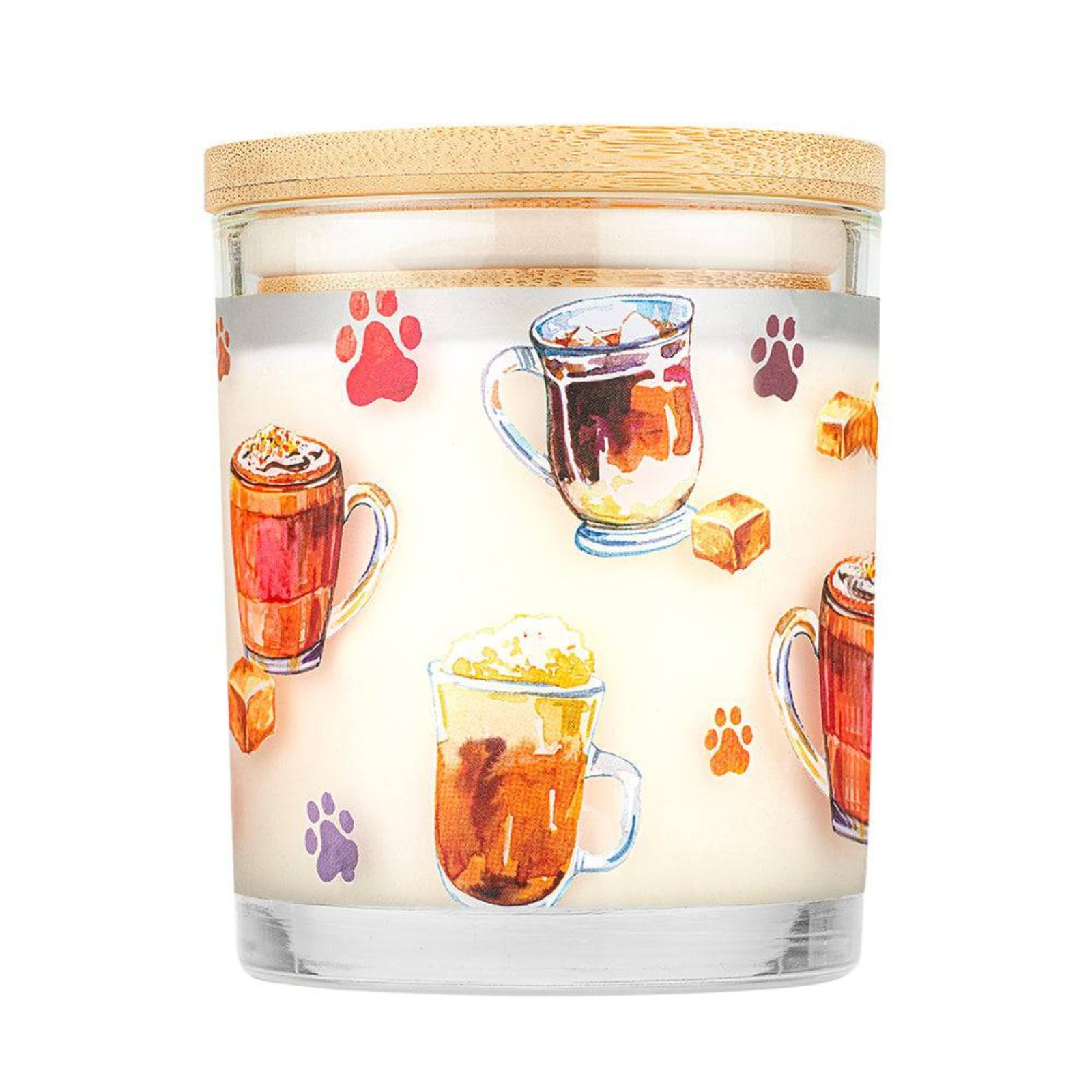 Candle with glass container and wooden lid featuring illustrations of hot beverages and paw prints on a white background.