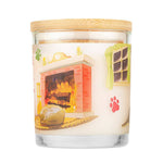 Candle with a fireplace design on the label against a white background