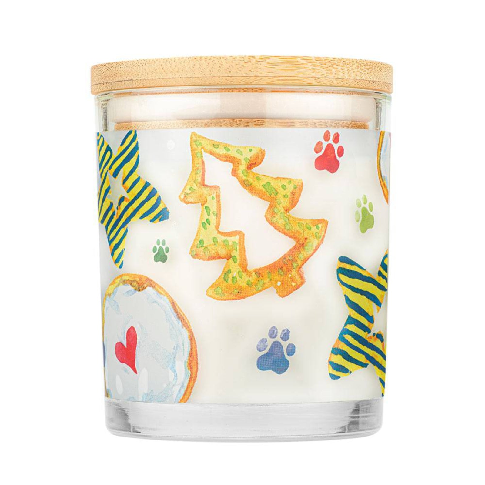 Candle with colorful cookie and paw print design on a white background