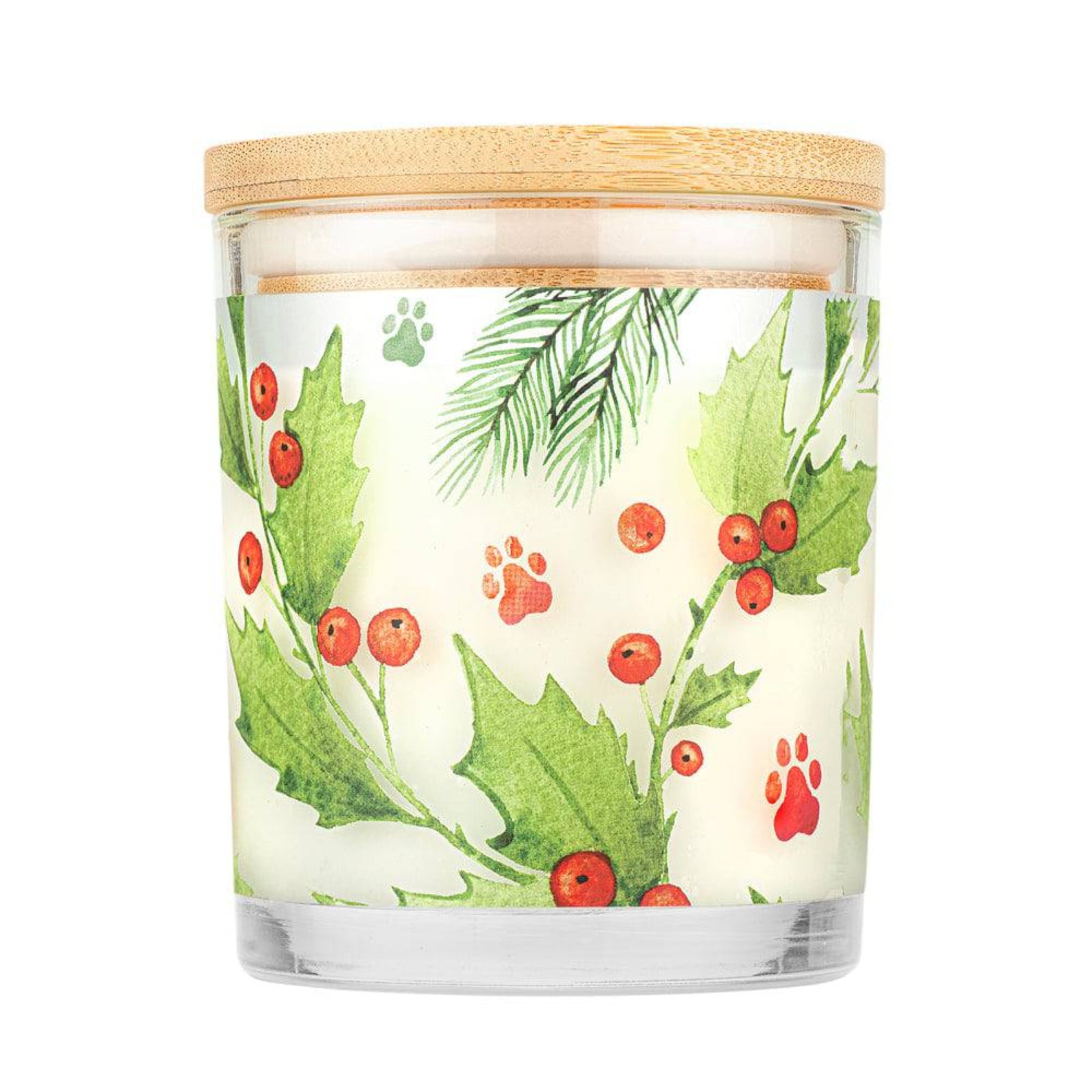 Candle with a decorative label featuring holly leaves and berries on a white background