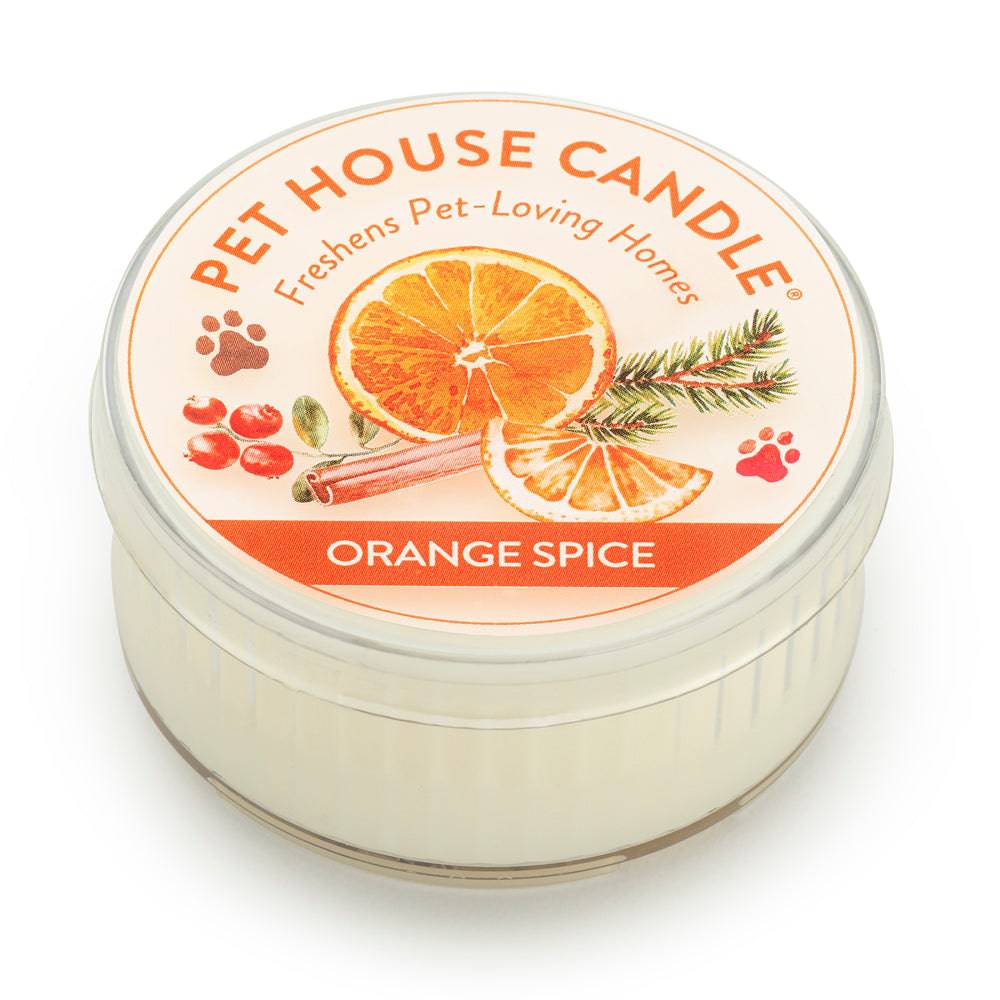 Pet House Candle with orange and spice design on a white background