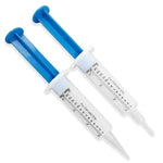 Two medical syringes with blue plungers on a white background