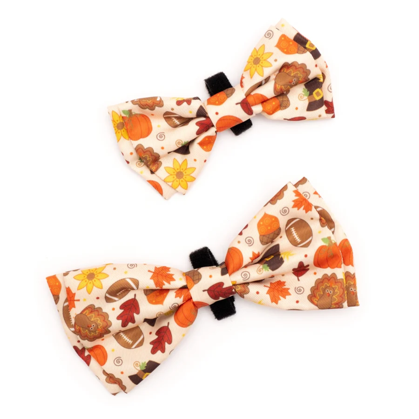 Two autumn-themed bow ties on a white background