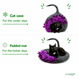 Woollyfelt Handmade Dark Grey Wool Cat Cave with Flower Design