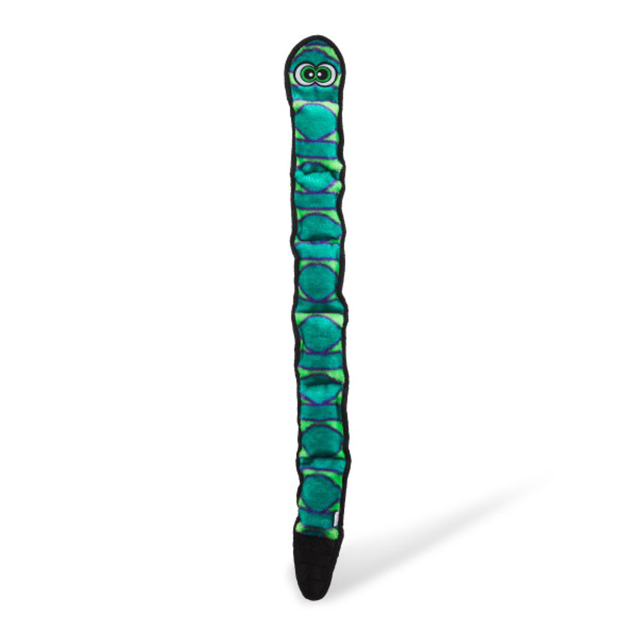 Toy resembling a snake with green and black pattern on a white background