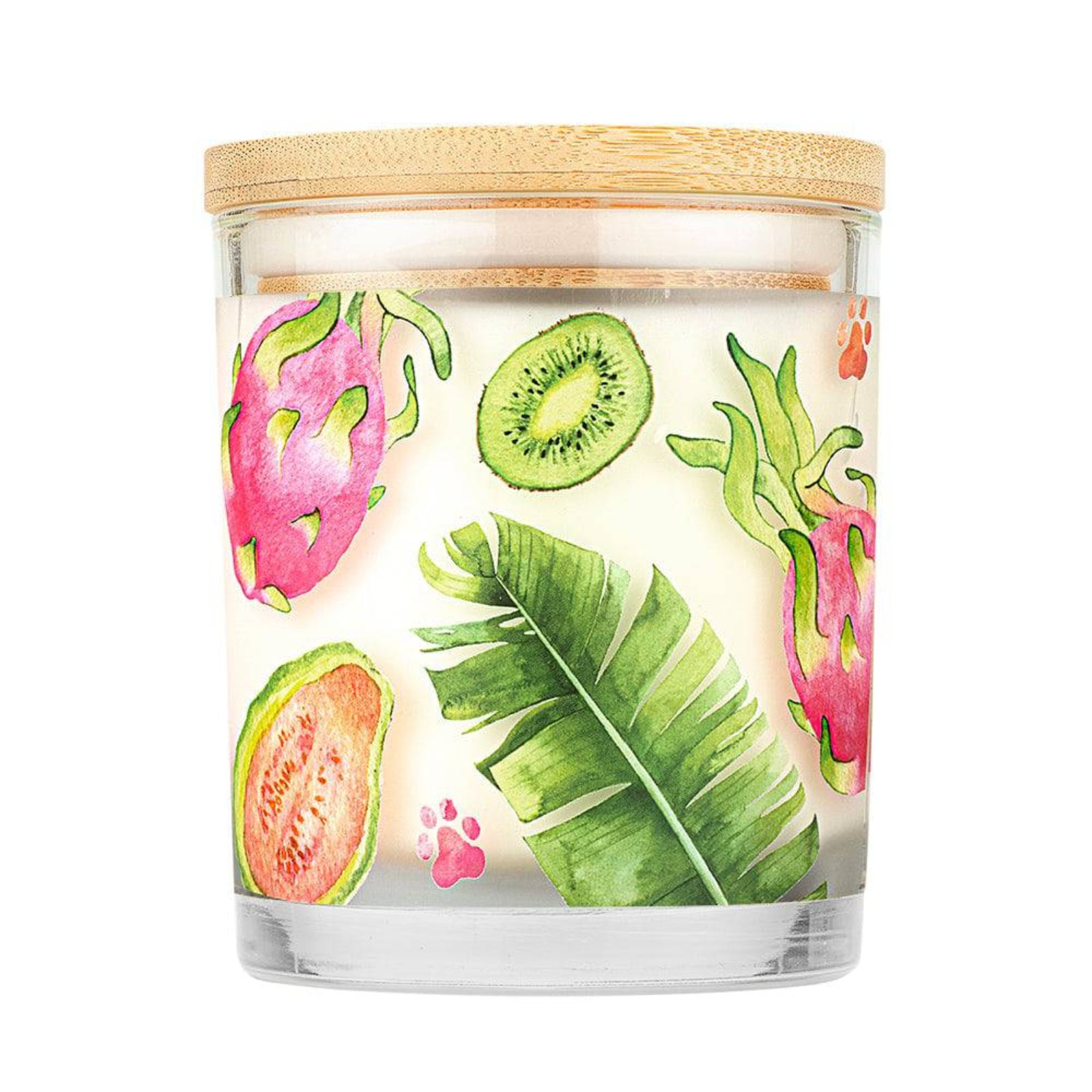 Candle with tropical fruit design on a white background