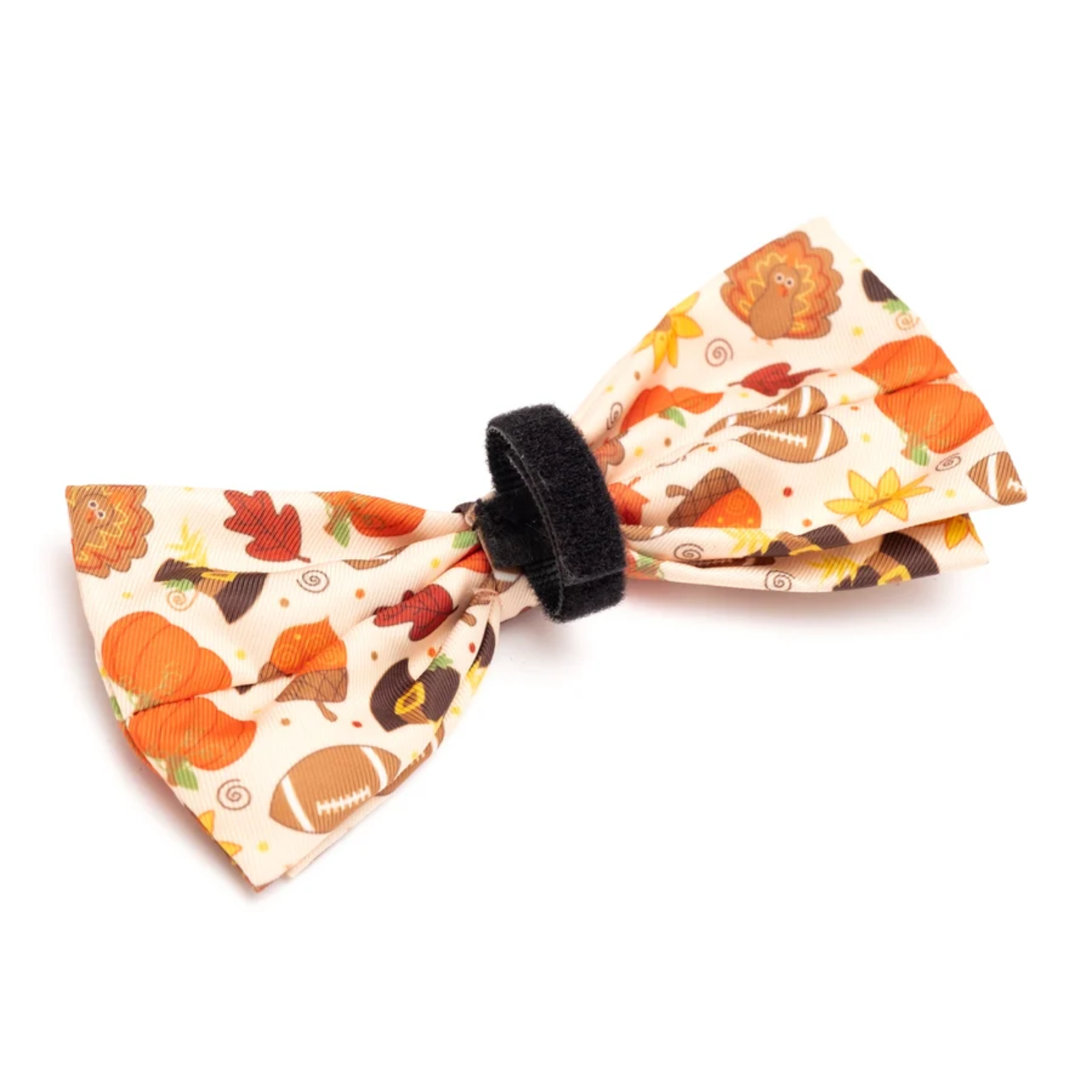 Bow tie with autumn-themed pattern on a white background