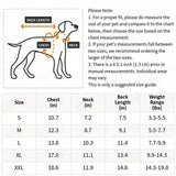 Dog size chart with measurements for chest, neck, back length, and weight range.