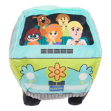 A plush toy shaped like a retro van, featuring a light blue top half with cartoon characters printed on the window, a lime green bottom half with a flower emblem and 'SCBYSNK' label, and black wheels.