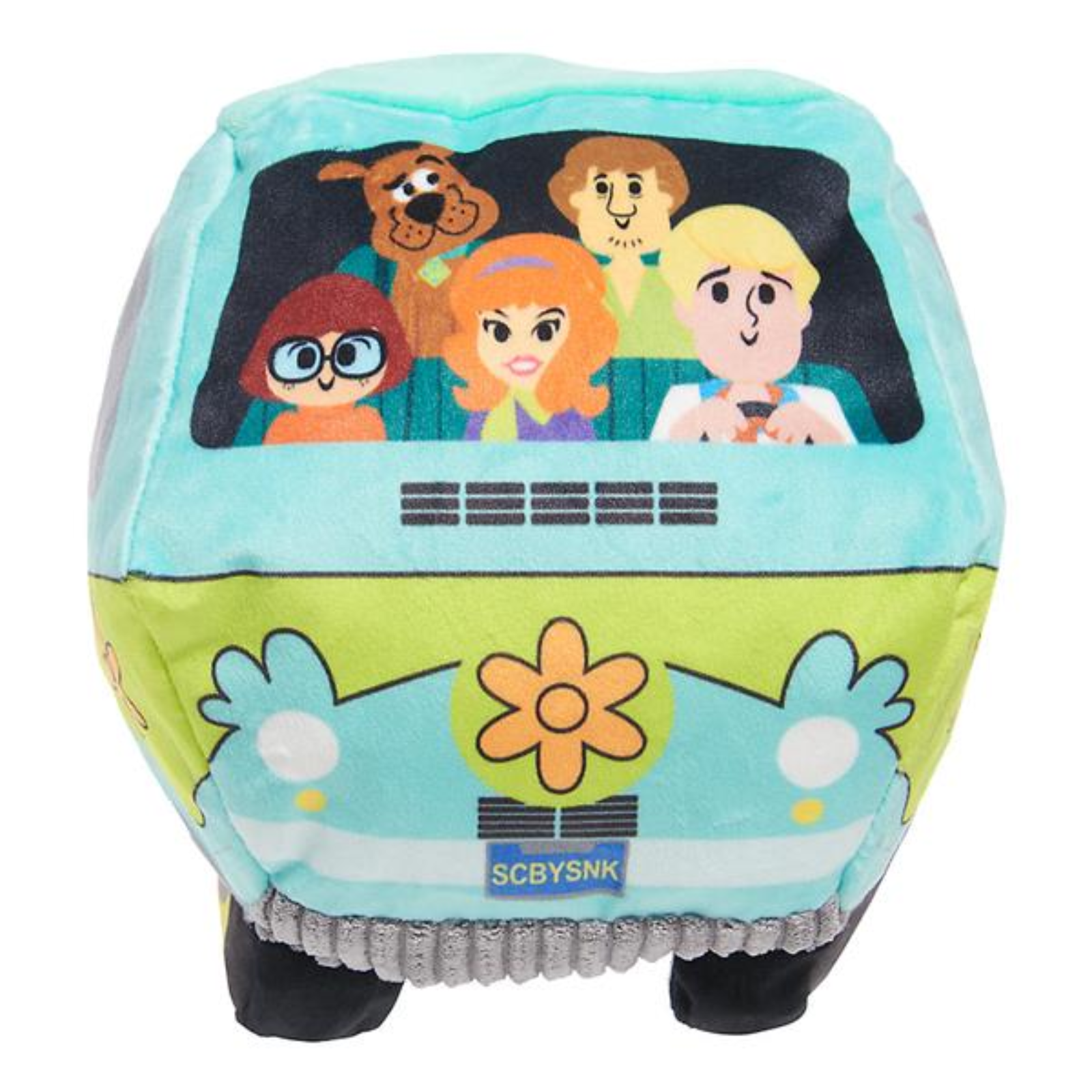 A plush toy shaped like a retro van, featuring a light blue top half with cartoon characters printed on the window, a lime green bottom half with a flower emblem and 'SCBYSNK' label, and black wheels.