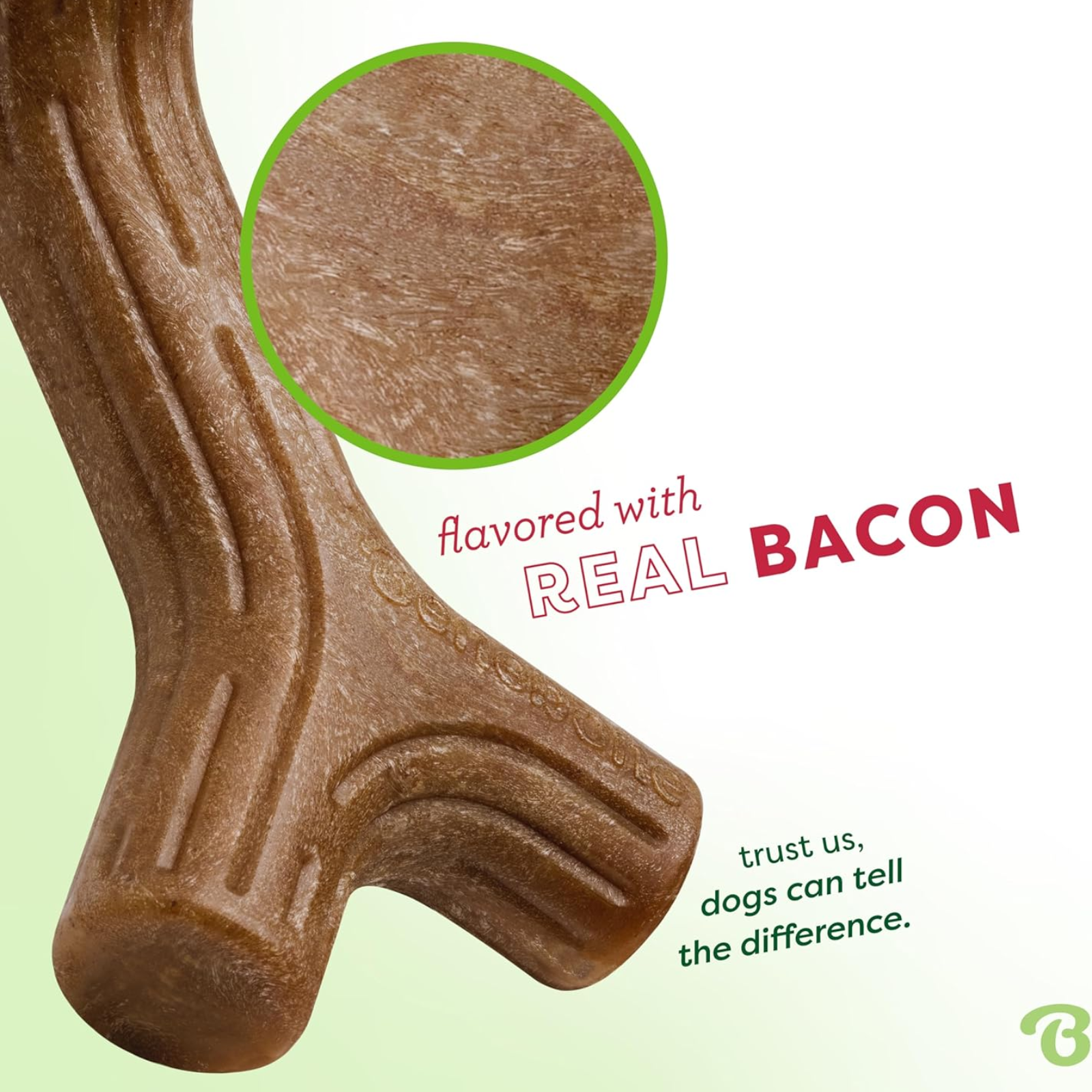Dog chew treat flavored with real bacon on a light green background