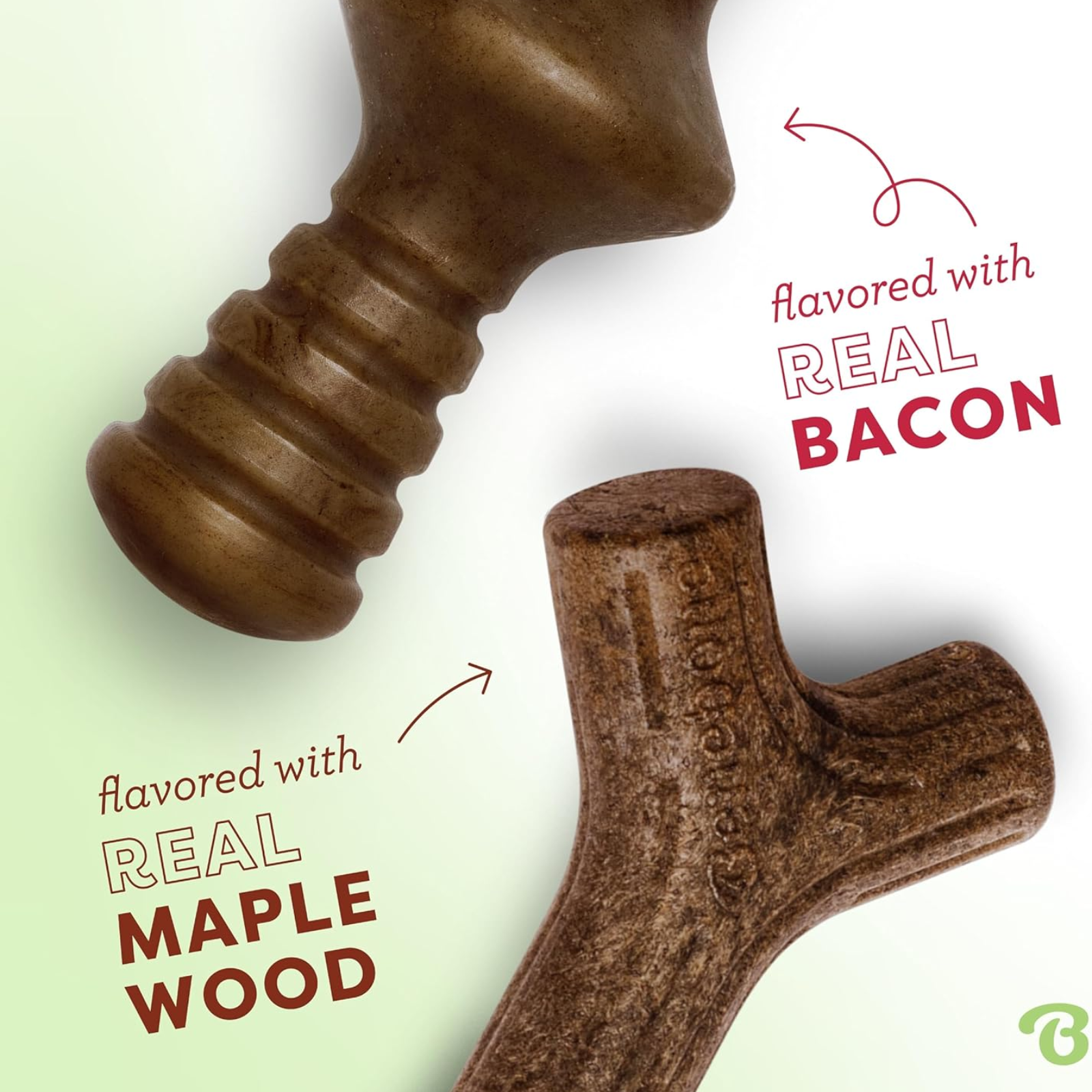 Two wooden dog chew toys with text indicating flavors on a light green background.