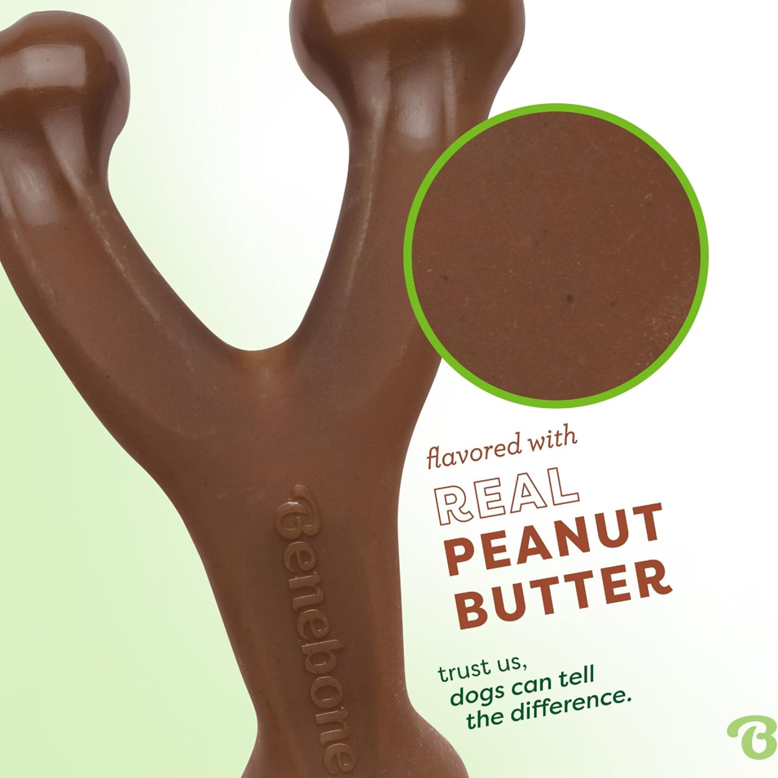Brown dog chew toy with 'Real Peanut Butter' flavor text and Benebone branding.