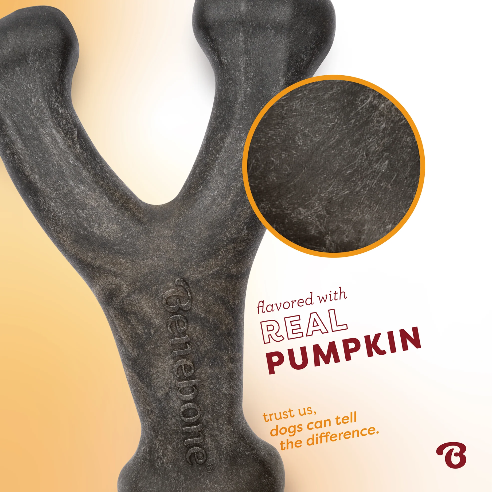 Dog chew toy with 'Benebone' branding and text about pumpkin flavor on a gradient background.