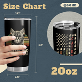 Black tumbler with cat design held by a hand, size chart, and close-up of tumbler with cat-themed pattern on a blue background.