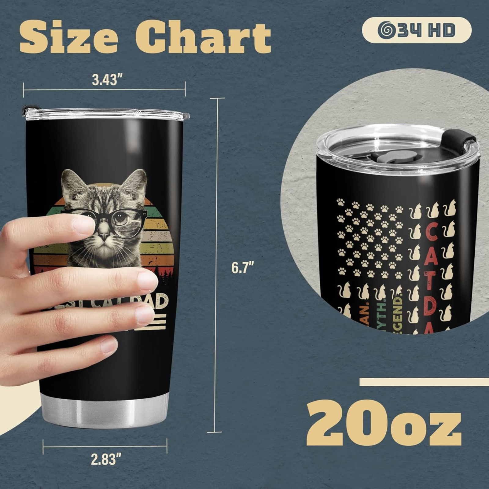 Black tumbler with cat design held by a hand, size chart, and close-up of tumbler with cat-themed pattern on a blue background.