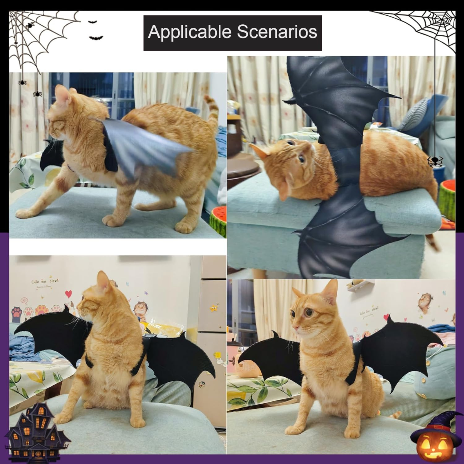 Cat wearing a black bat wing costume in various poses on a couch.