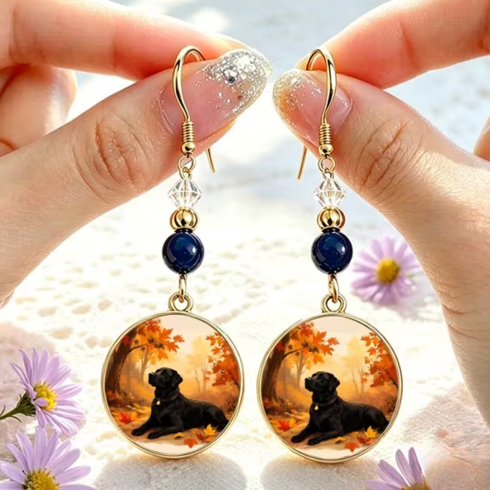 A pair of handmade dangle earrings held between two hands. Each earring has a gold fishhook clasp, a clear faceted bead, a dark blue round bead, and a circular pendant with a printed image of a black dog lying in an autumn forest with orange and yellow leaves.