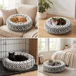 A collage showing a plush round black and white pet bed with cats sleeping in the center.