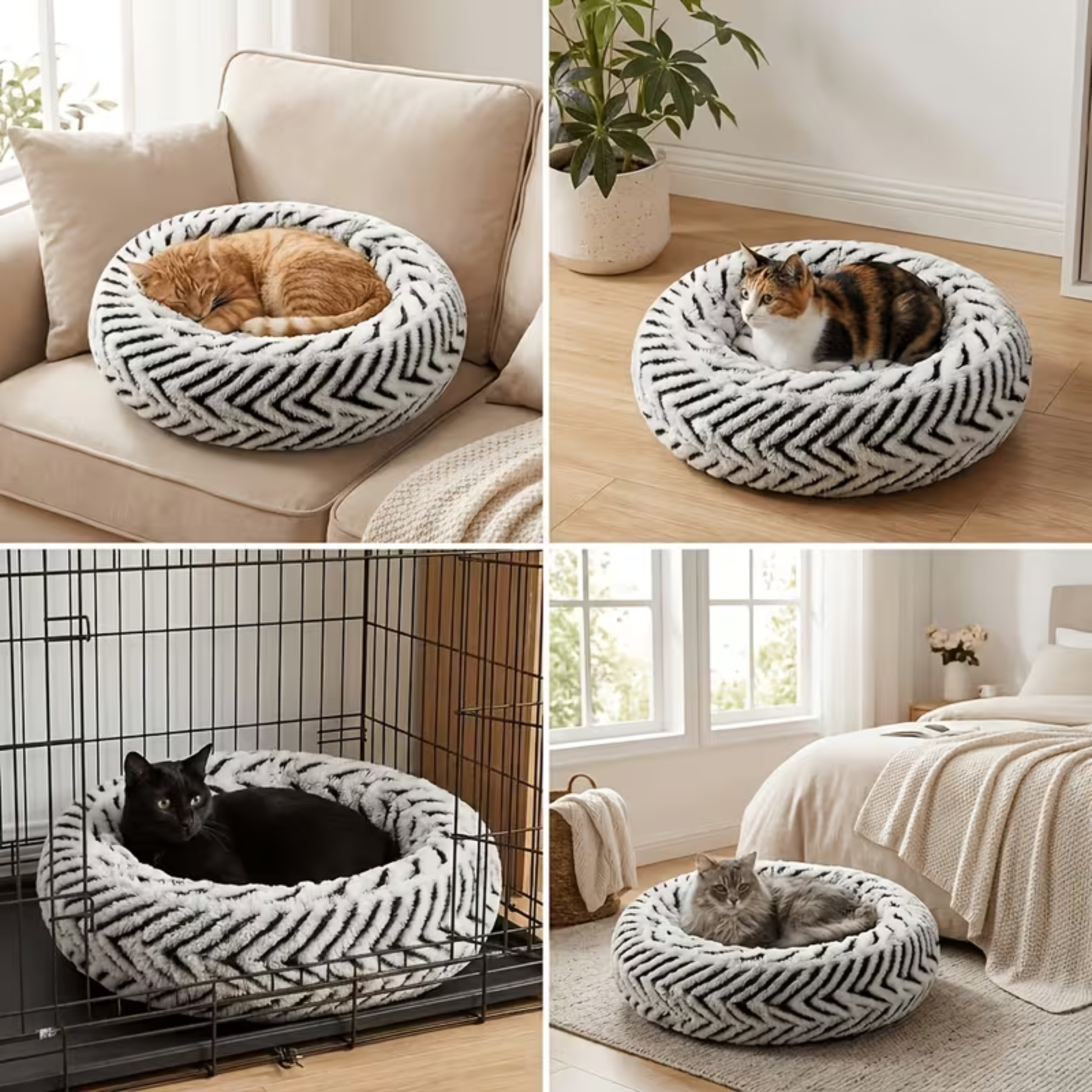 A collage showing a plush round black and white pet bed with cats sleeping in the center.
