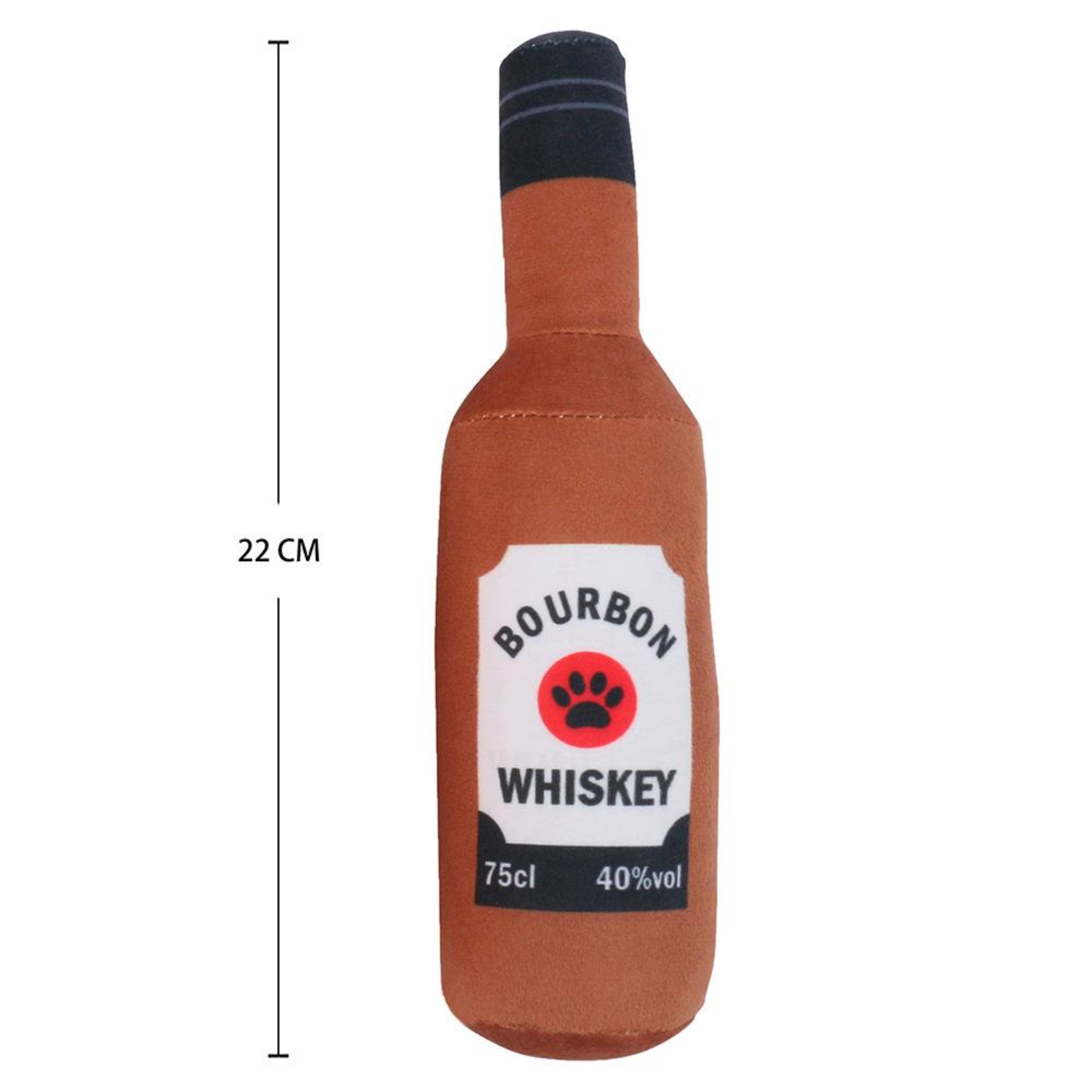 Bourbon whiskey bottle-shaped toy with label and measurement details on a white background
