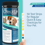 CheckUp Pet Urine Testing Strips packaging with a hand holding a strip and text about testing strips.