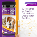 CheckUp Pet Urine Testing Strips packaging with a purple and orange design, featuring a cat and dog on the label.