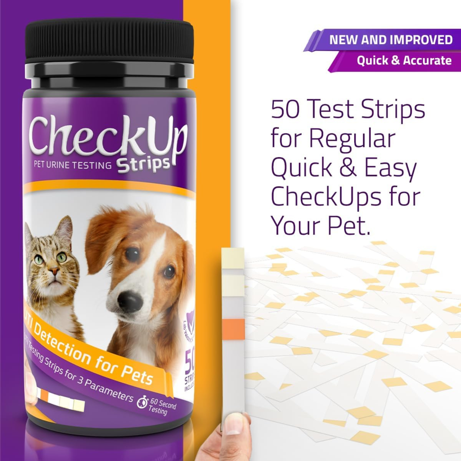CheckUp Pet Urine Testing Strips packaging with a purple and orange design, featuring a cat and dog on the label.