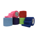 Assorted colored cohesive bandages on a white background