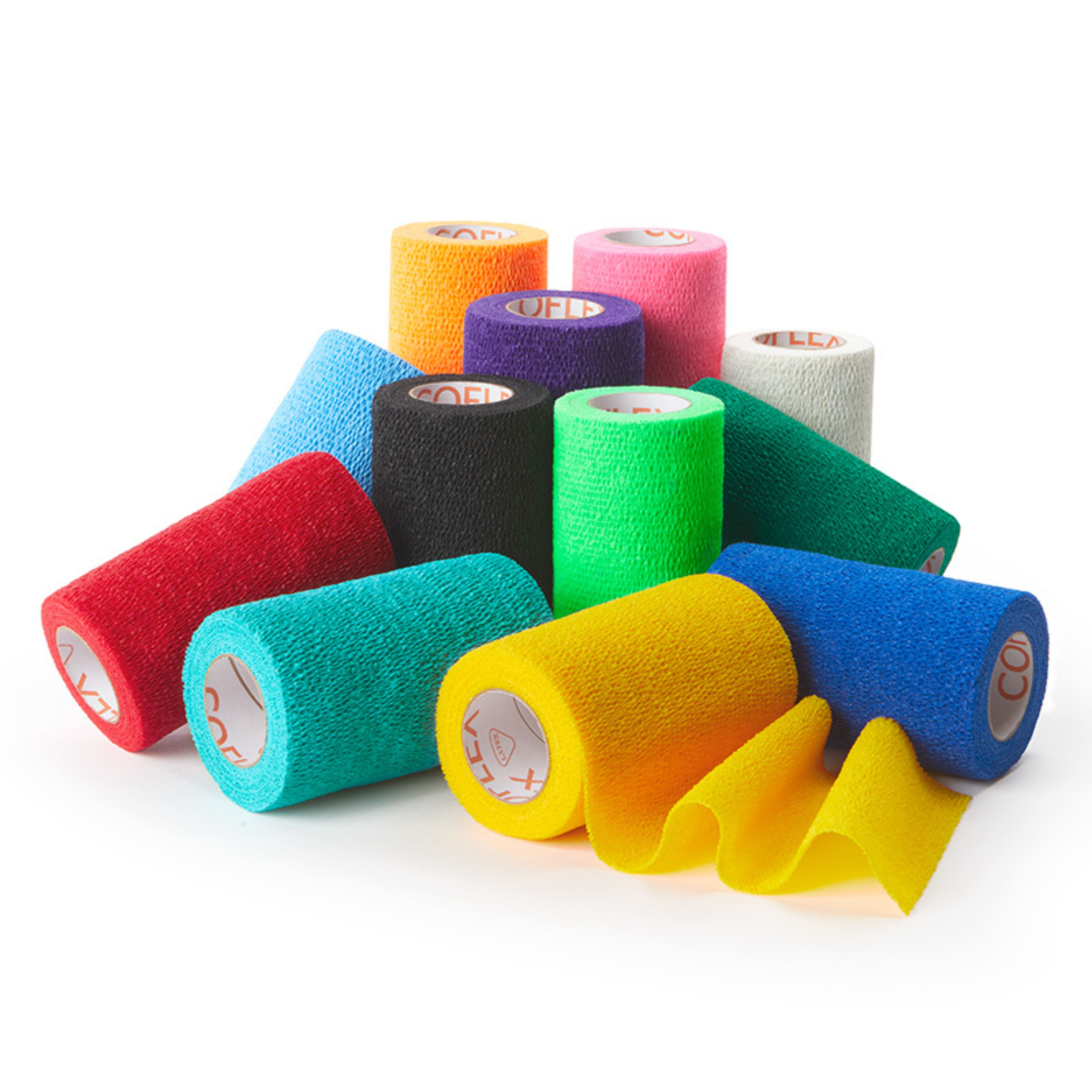 Assorted colorful rolls of elastic bandage on a white background