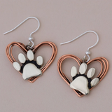 Copper Heart Silver Pawprint Dangle Earrings
