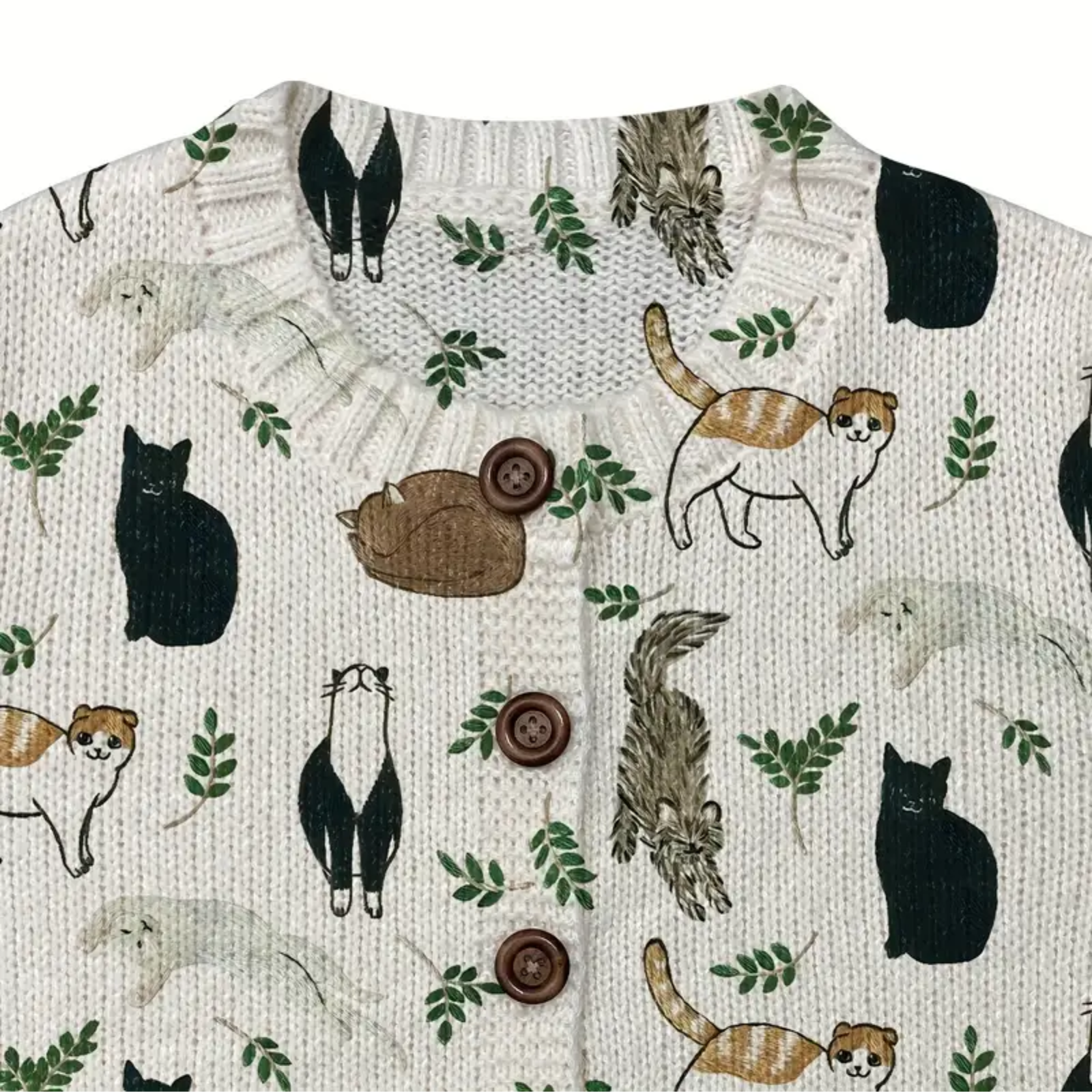 Textile with animal pattern including cats, squirrels, and leaves on a white background